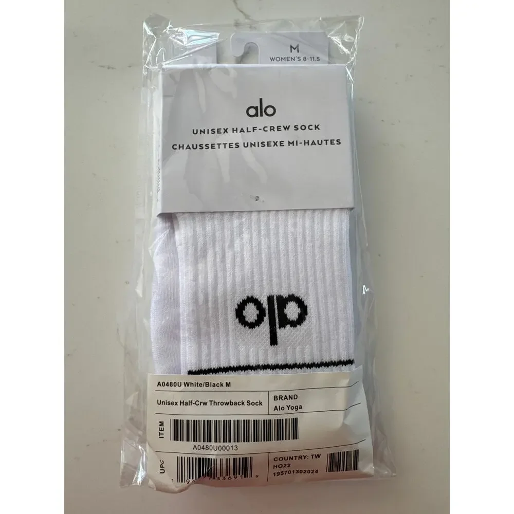 Alo Unisex Half Crew Throwback Socks Size Medium White and Black